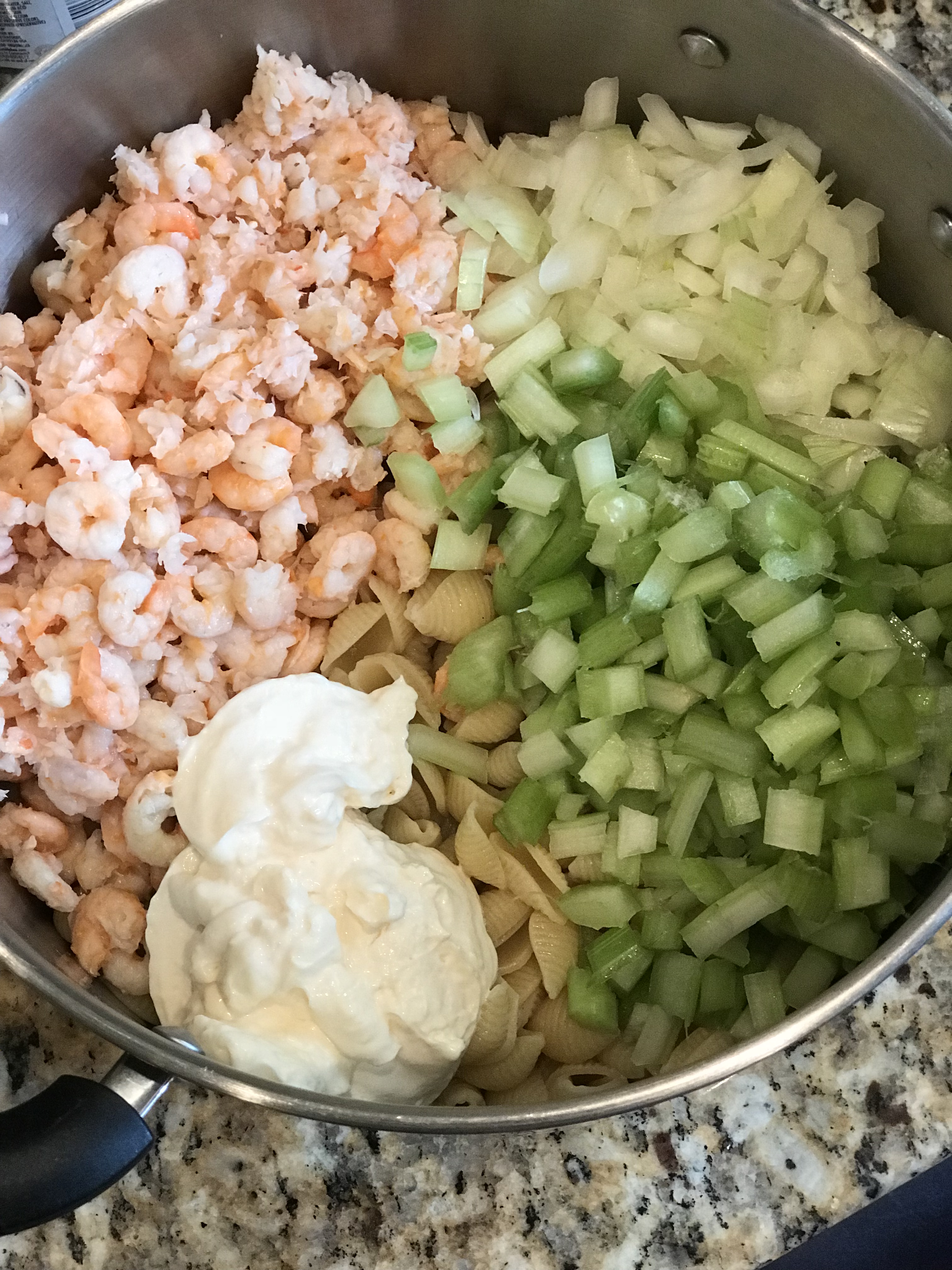 shrimp macaroni salad with peas and olives